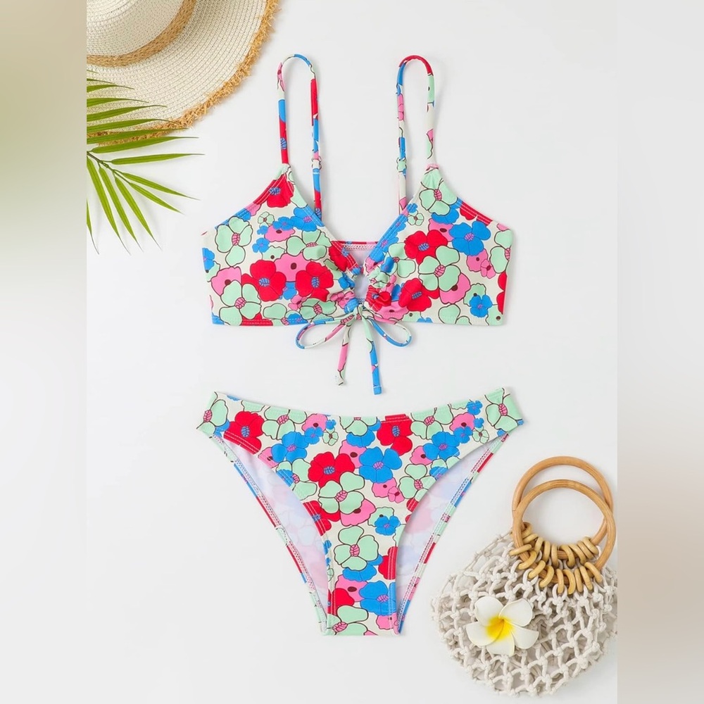 Women's Spaghetti Strap Floral Print Bikini Bathing Suit 2 Piece Size Small NWOT
